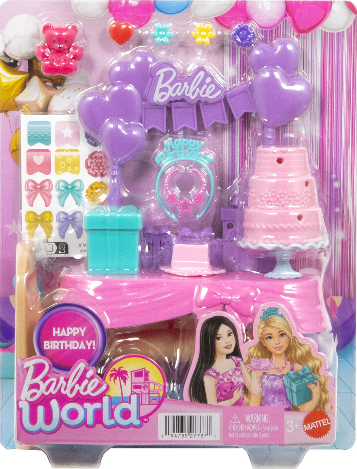 Barbie World Birthday Party Set With Doll Accessories Including Cake, Presents, & Sticker Sheet