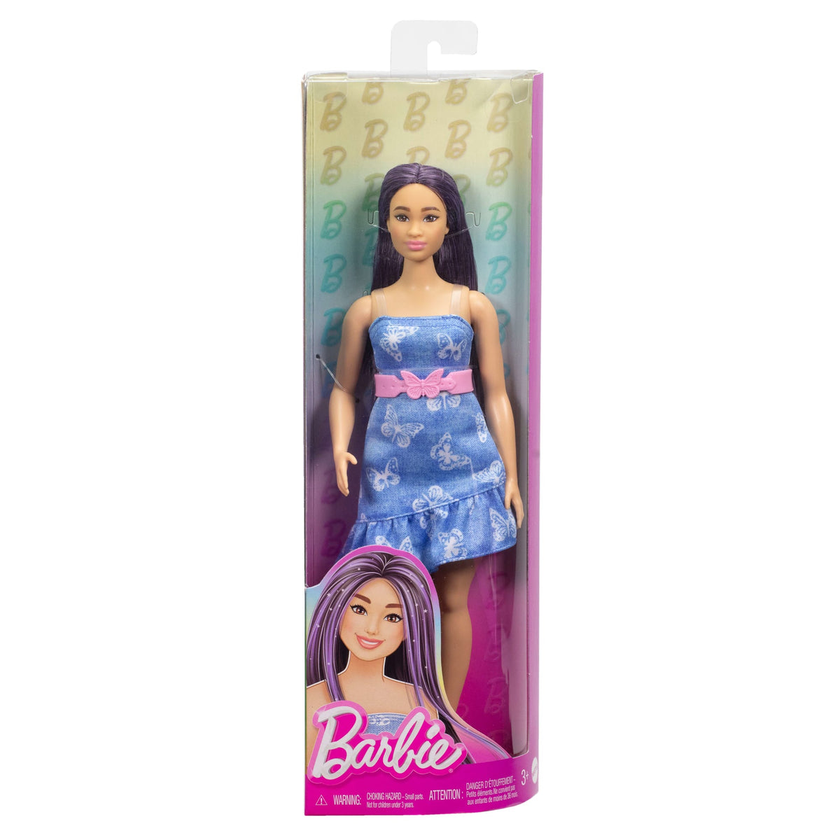 Barbie Fashionistas Doll #231 in Denim Butterfly Dress With Pink Belt, Purple Hair