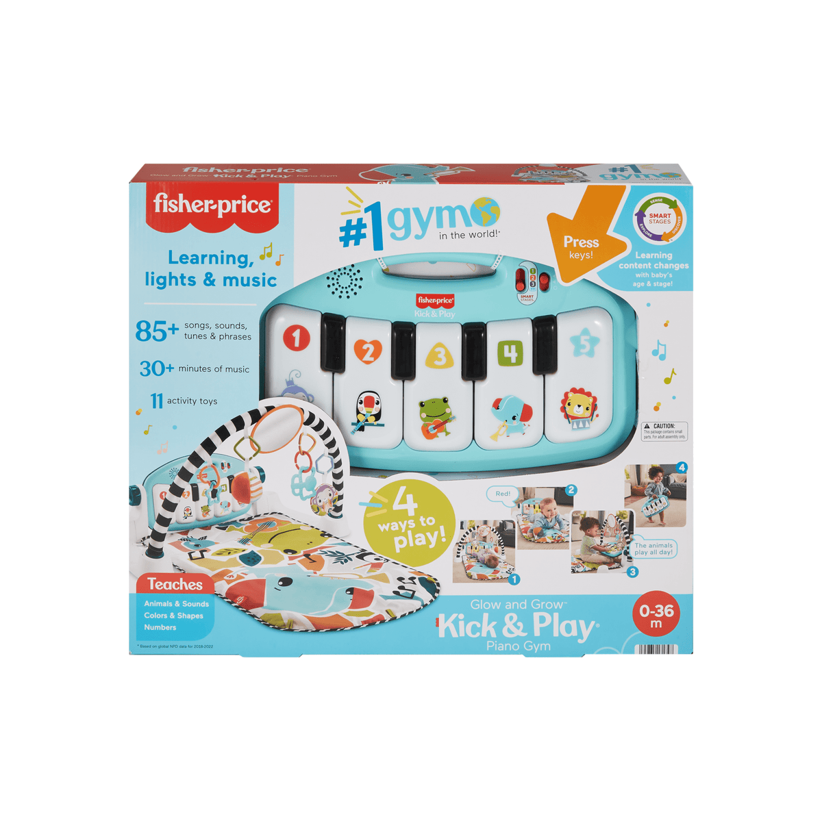 Fisher-Price Glow And Grow Kick & Play Piano Gym Baby Playmat With Musical Learning Toy, Blue - French Version
