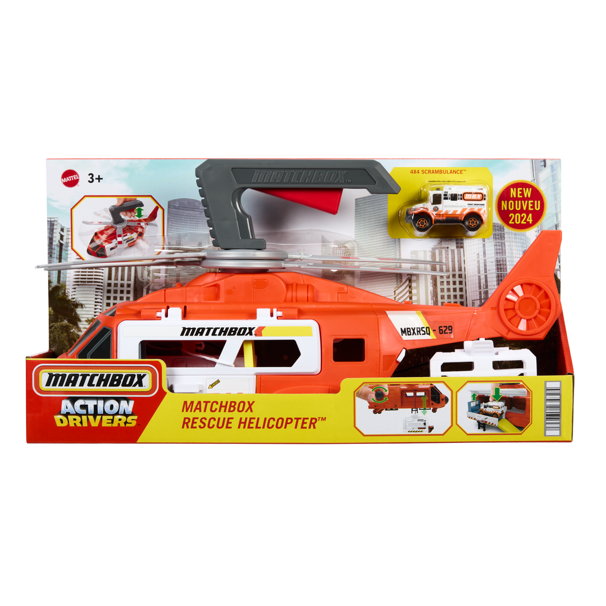 Matchbox Action Drivers Matchbox Rescue Helicopter,16-in Large-Scale Helicopter With 1:64 Scale Die-Cast Toy Ambulance
