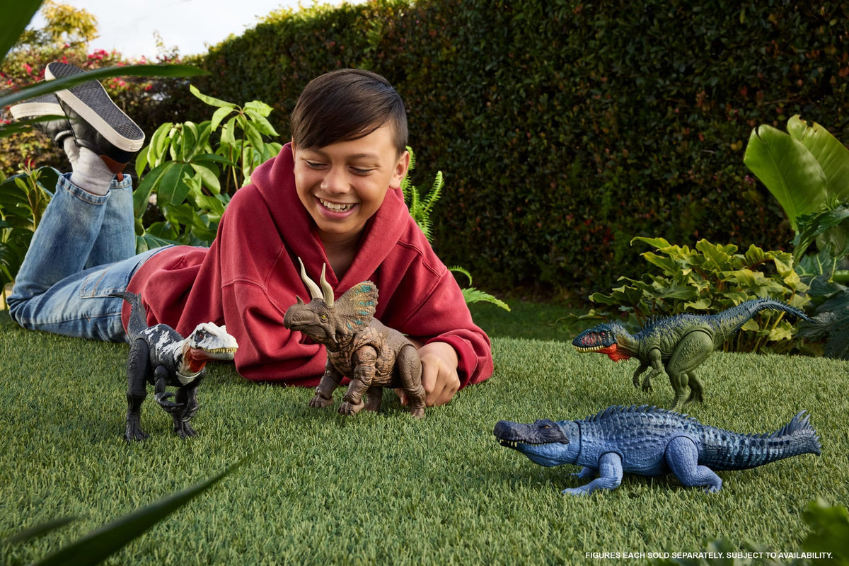Jurassic World Rebirth Gigantic Thrashers Eotriceratops Dinosaur Figure Toy, Tail Activated Attack