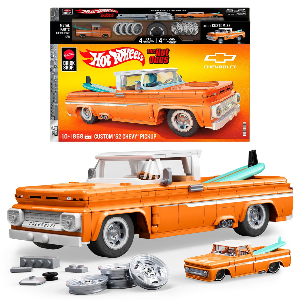 Mattel Brick Shop Hot Wheels Custom ’62 Chevy Pickup Building Toy Kit (858 Pieces), For Collectors