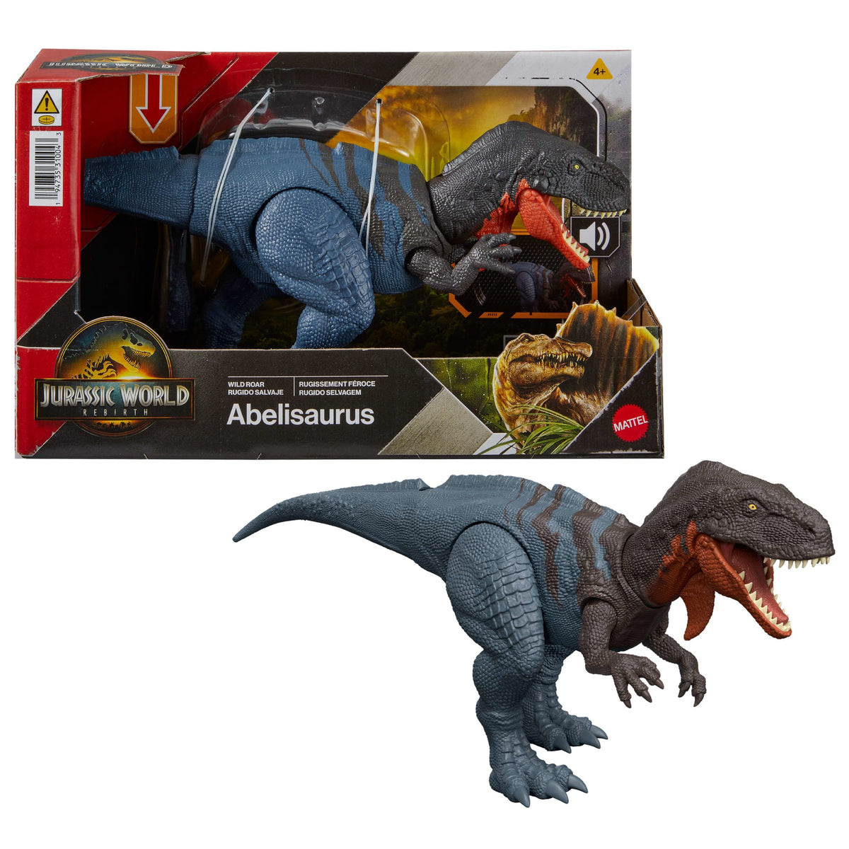 Jurassic World Rebirth Wild Roar Abelisaurus Dinosaur Toy, Tail Controlled Attack Chomp & Sound