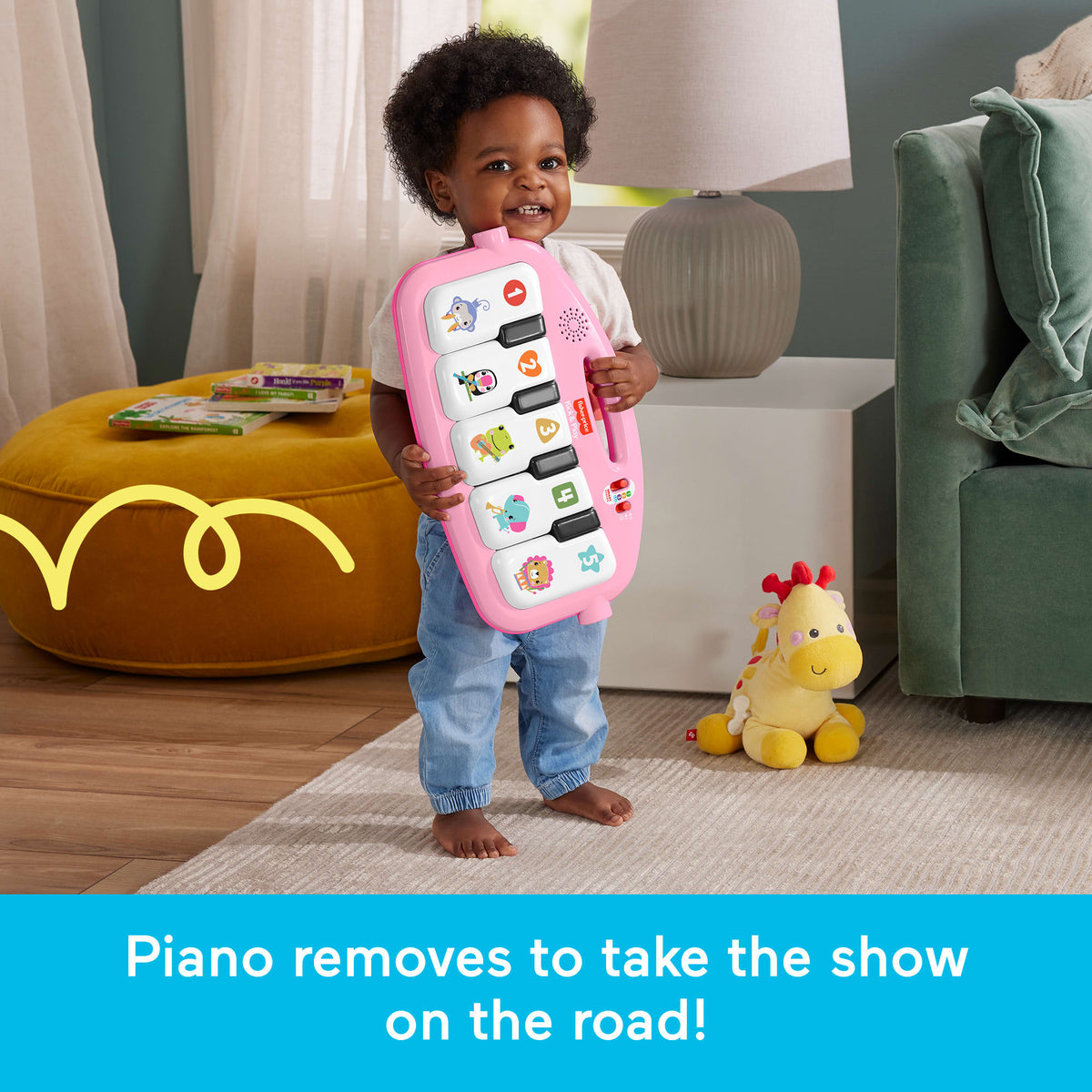 Fisher-Price Glow And Grow Kick & Play Piano Gym Baby Playmat With Musical Learning Toy, Pink