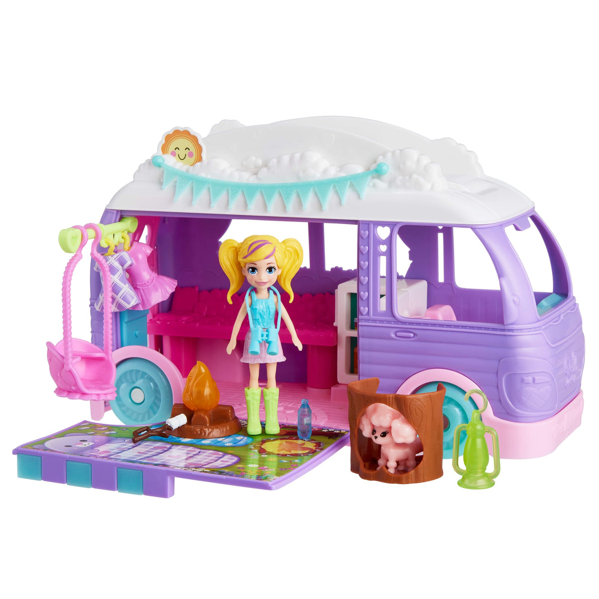 Polly Pocket Glamping Camper Van, Doll & Pet Playset, Camping & Food Accessories, Travel Toy