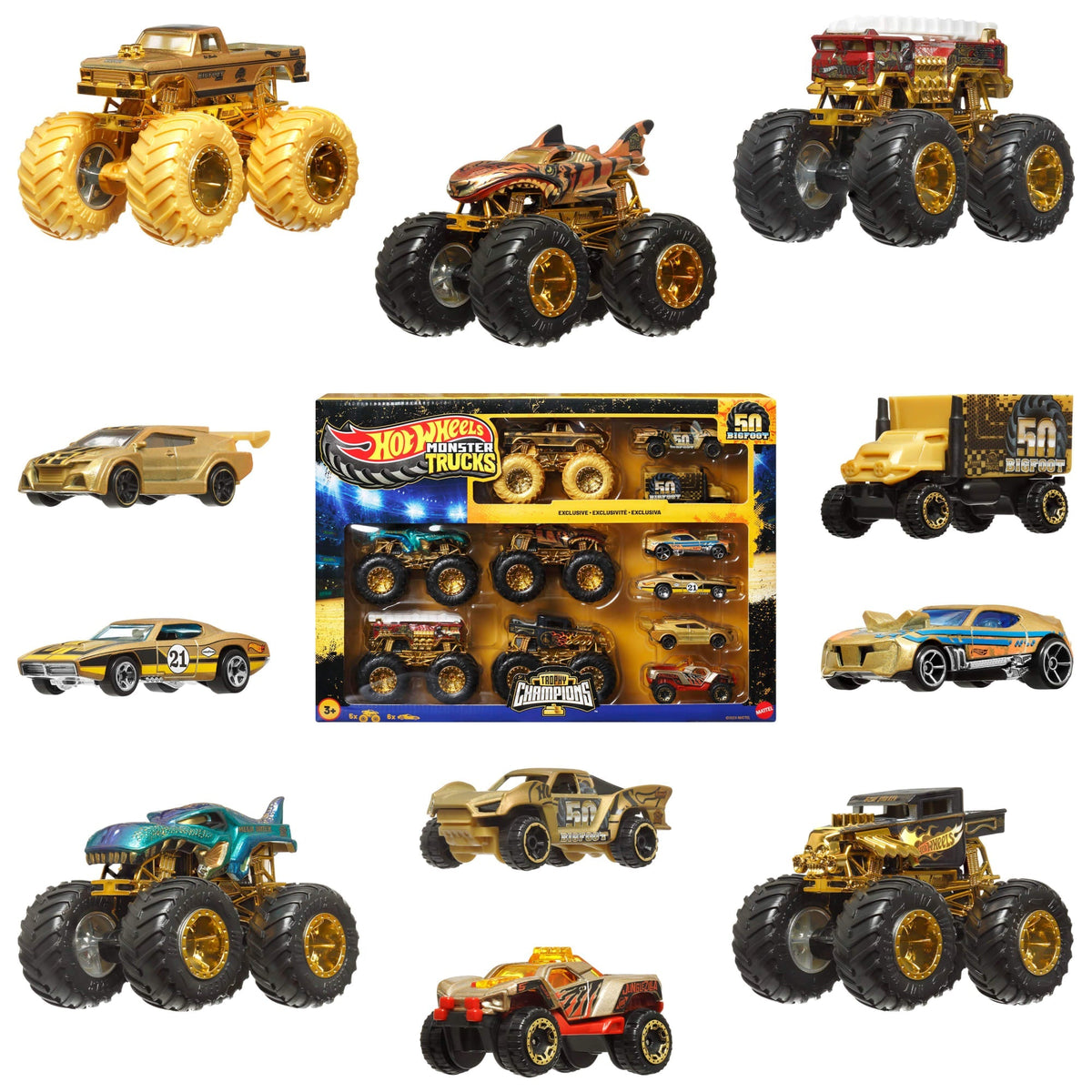 Hot Wheels Monster Trucks Trophy Champions Collection, 5 1:64 Scale Toy Trucks & 6 Die-Cast Cars