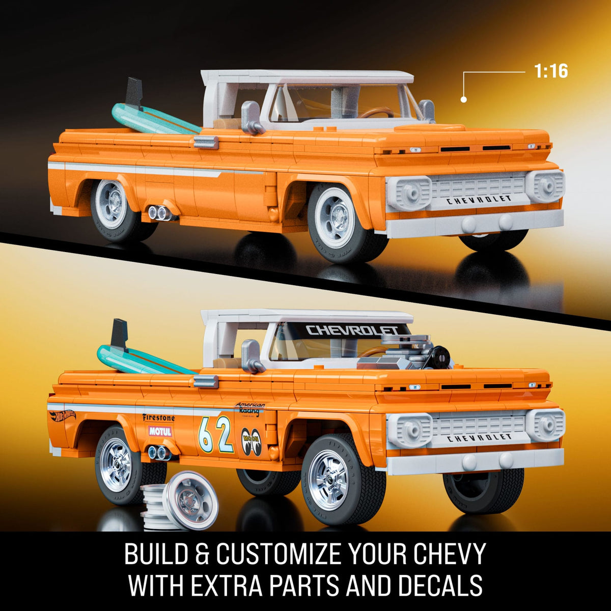 Mattel Brick Shop Hot Wheels Custom ’62 Chevy Pickup Building Toy Kit (858 Pieces), For Collectors