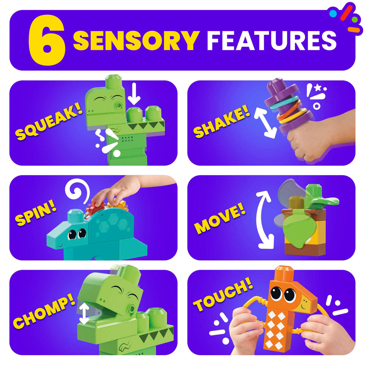 MEGA Bloks Squeak 'n Chomp Dinos Sensory Building Toys For Toddlers 1-3 (24 Pcs)
