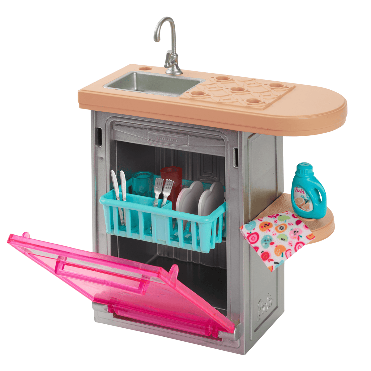 Barbie World Toy Dishwasher Set With 9 Dollhouse Kitchen Accessories Including Plates, Drying Rack, & More