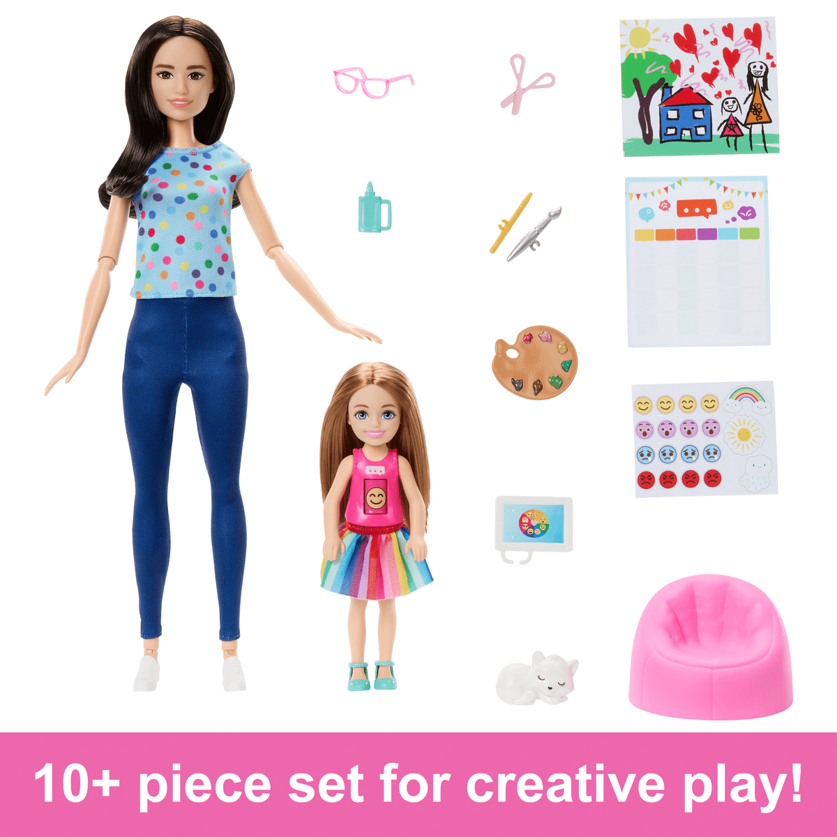 Barbie Art Therapy Playset With 2 Dolls, Pet & Accessories, Shirt On Small Doll Rotates Emoji
