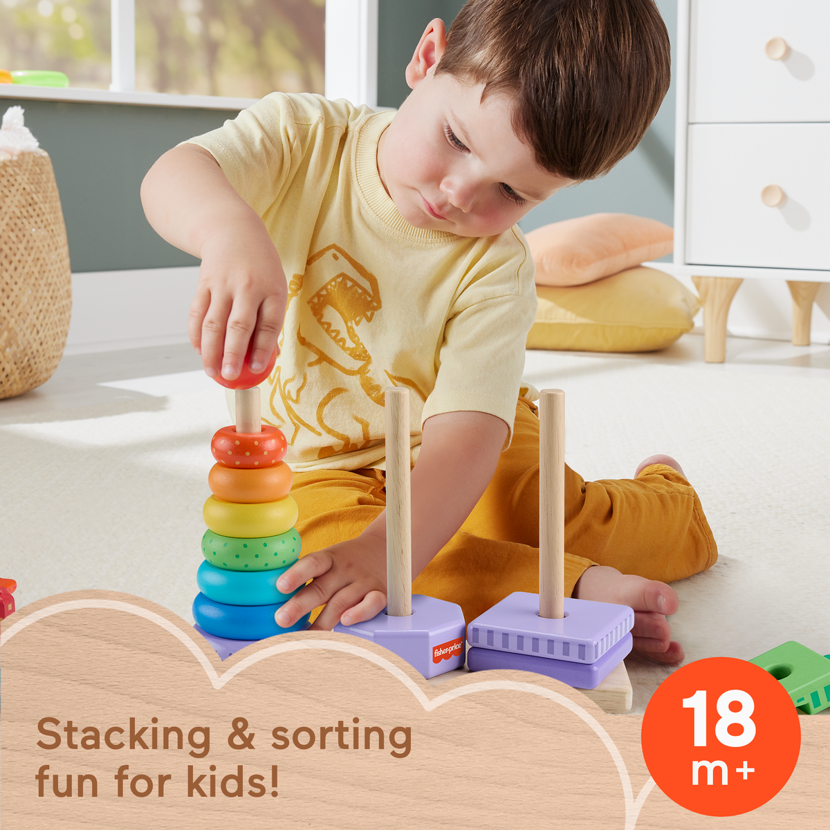 Fisher-Price Wooden Stacking Shape Sorter Toddler Fine Motor Toy, 26 Pieces